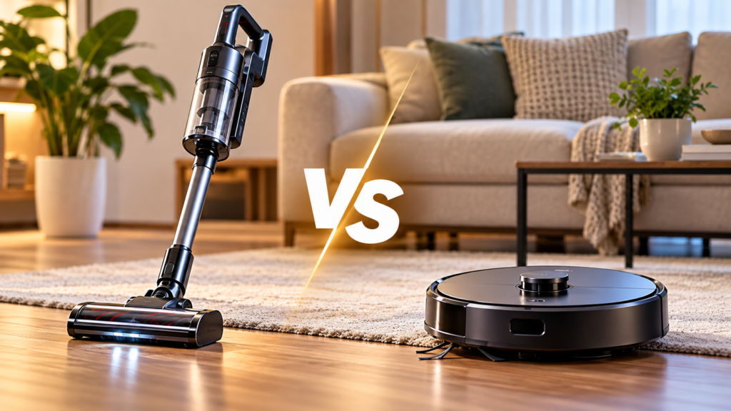 Aspirador vertical e robô aspirador em comparação